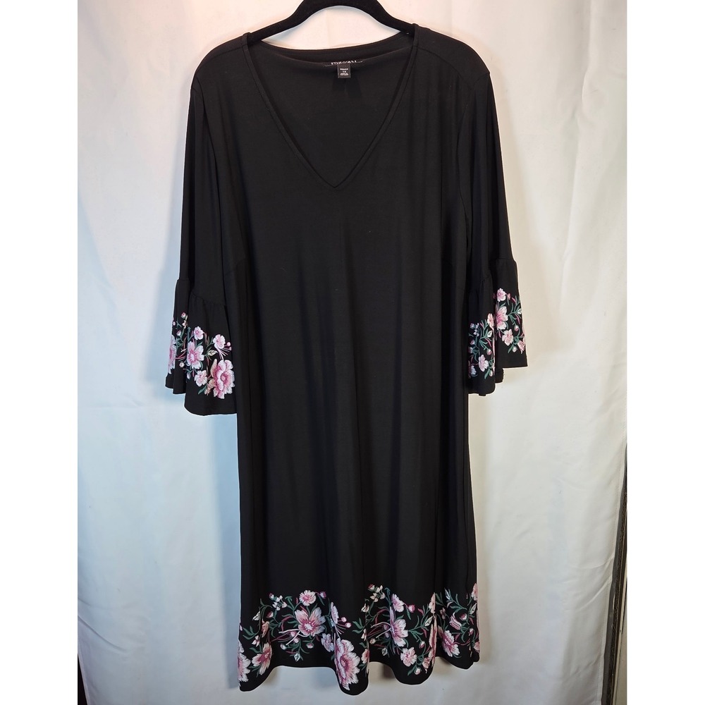 Roz & Ali Black Cocktail Shift Dress Pink Raised Floral Trim Size 1X Stretchy